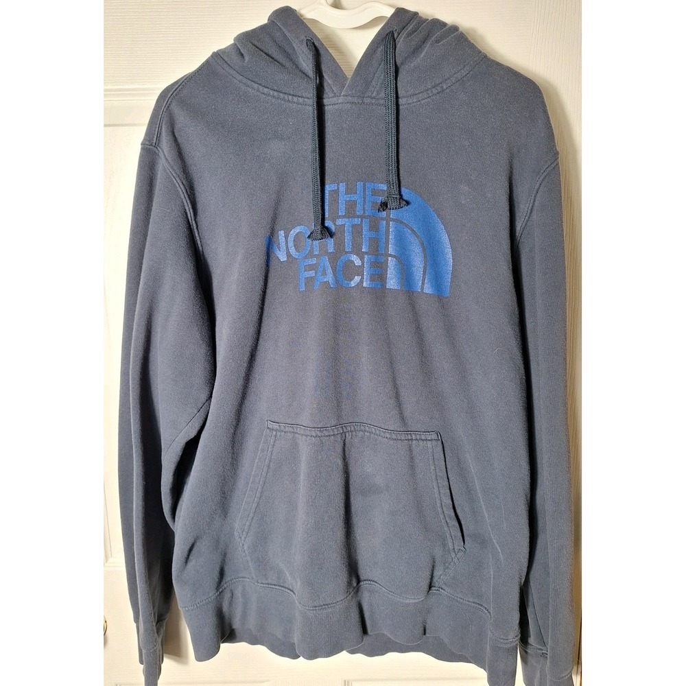 The North Face Mens Hoodie Gray Blue Logo Pullover Hooded Sweatshirt Size Medium